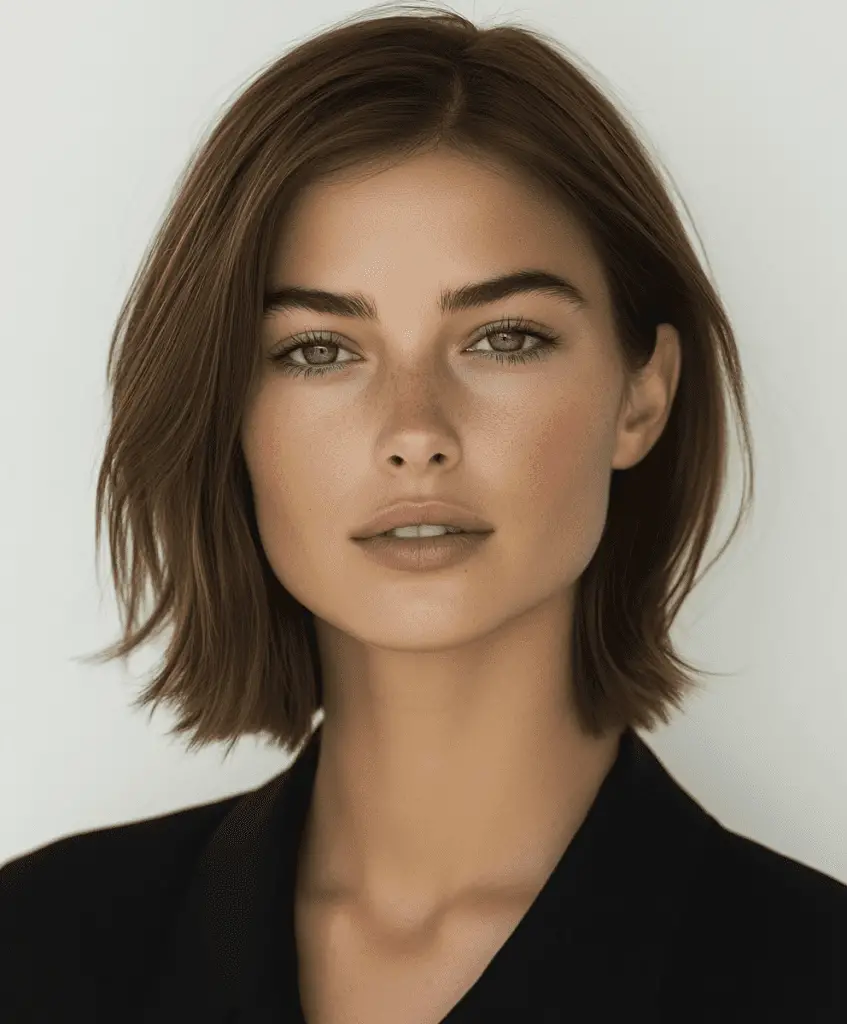 Image of a woman with a sleek and shiny lob haircut