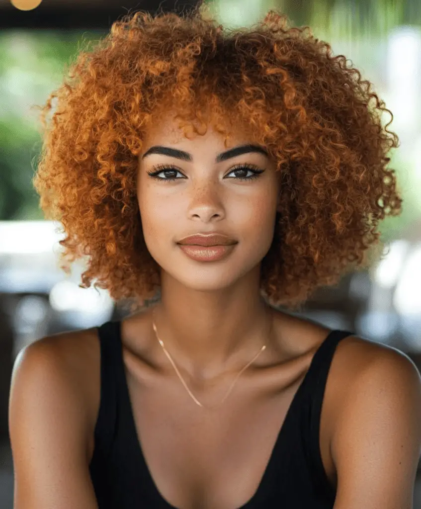 A Black woman with a short afro featuring colorful tips