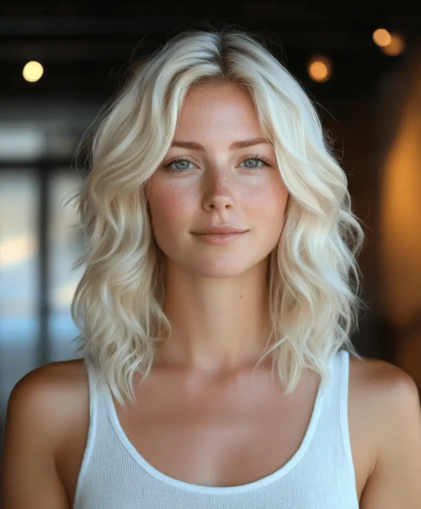 Image of a woman with a blonde bombshell lob haircut