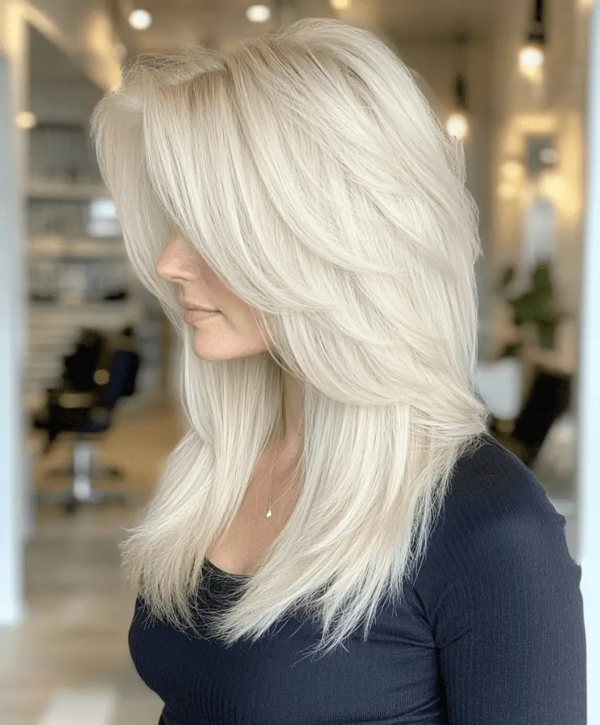 Platinum blonde shag cut with feathered layers