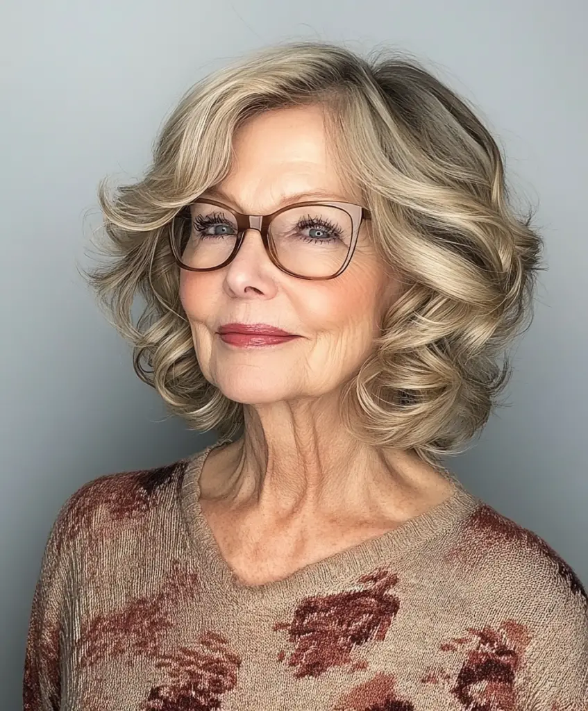 Wavy bob with side-swept bangs for older women