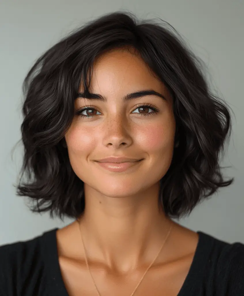 Image of a woman with a wavy bob-to-lob transition haircut