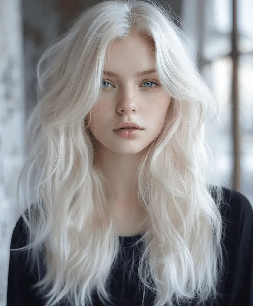 Platinum blonde long hair with subtle waves