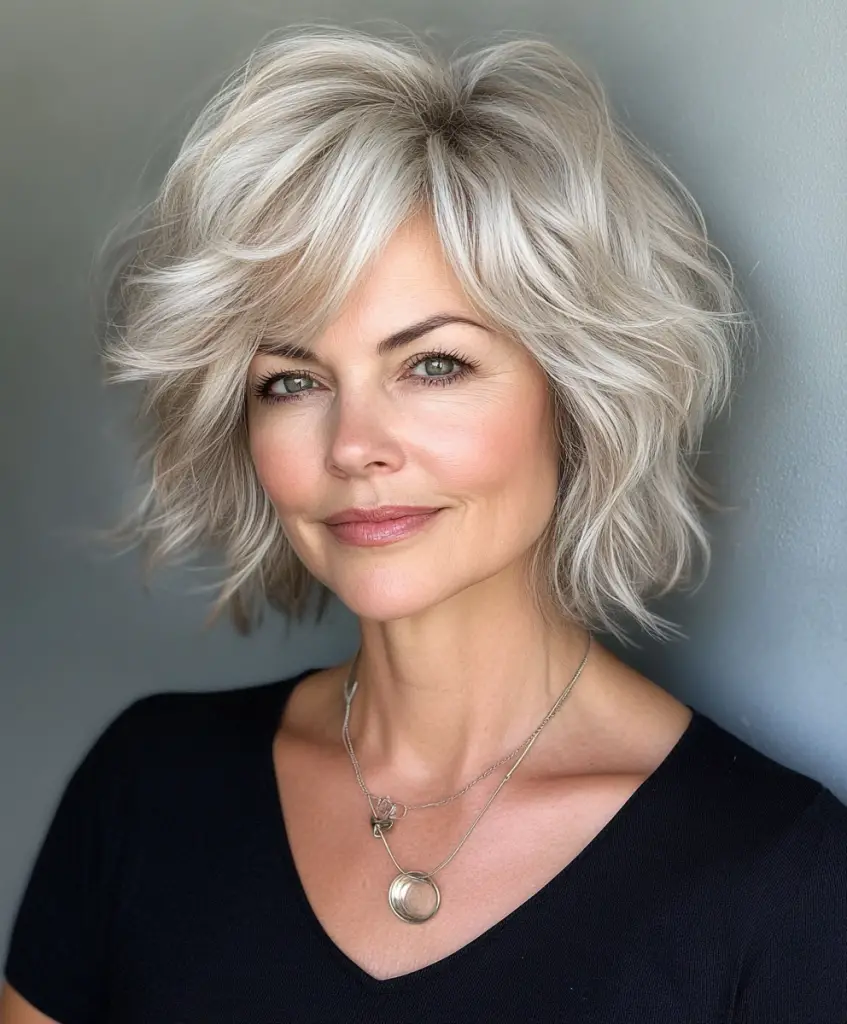 Woman with fine hair in a choppy bob hairstyle