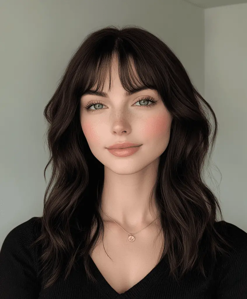 Soft and feminine medium-length hairstyle with wispy bangs