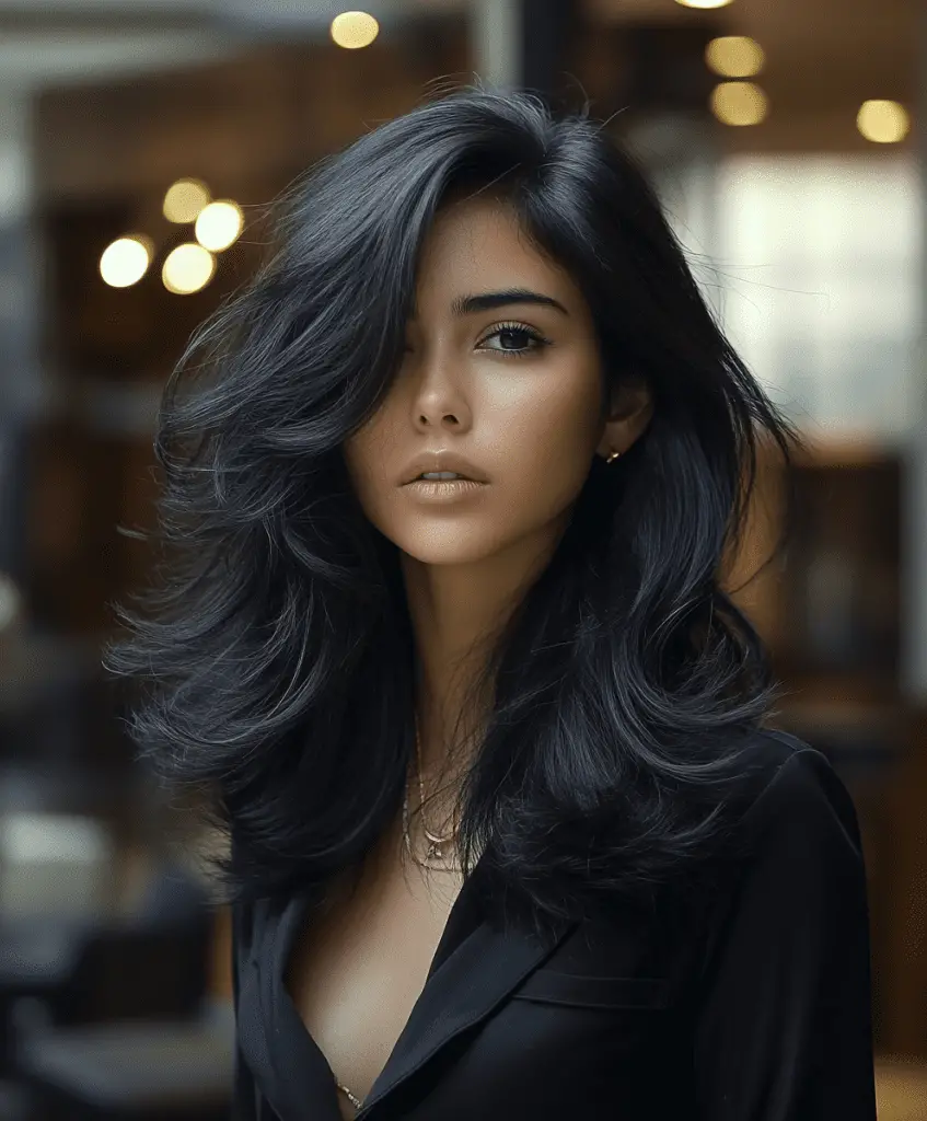 Image of a woman with a layered lob haircut