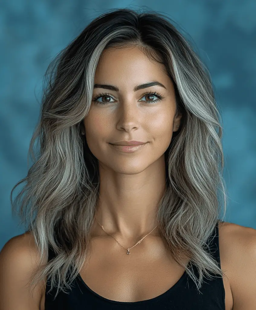 Image of a woman with a dark roots lob haircut