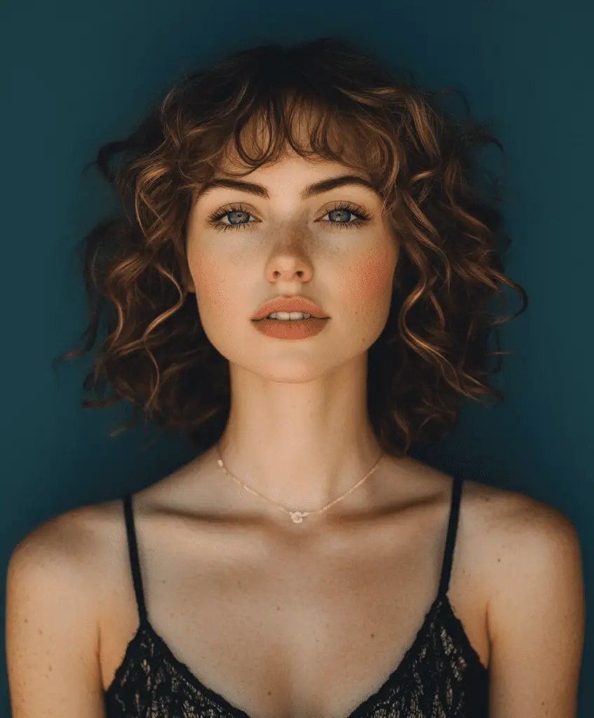 Curly medium-length hairstyle with feathered bangs