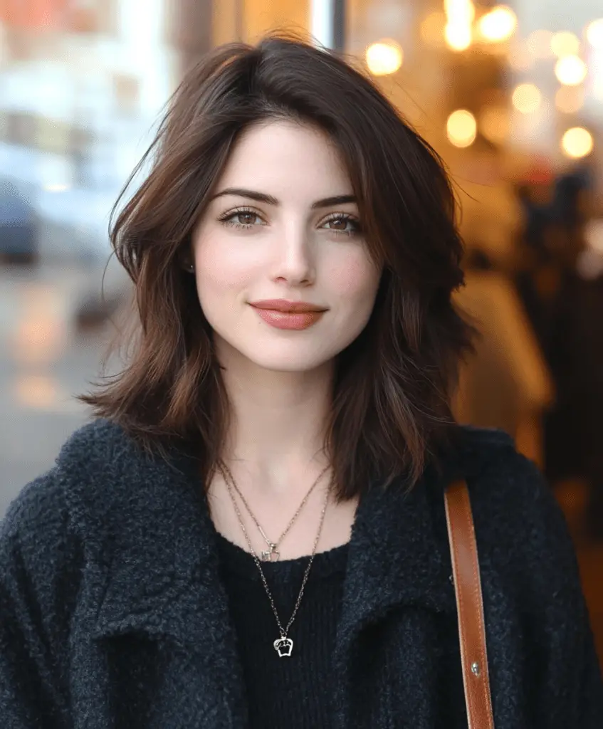 Image of a woman with a brunette lob haircut