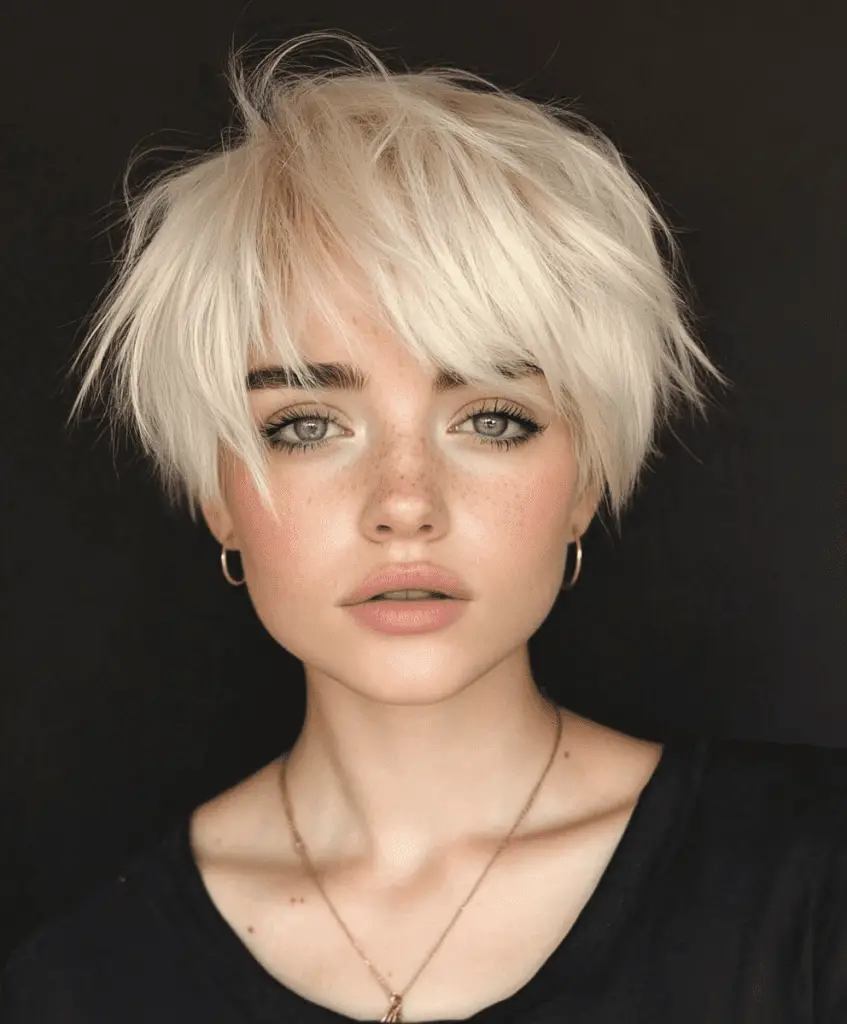 Platinum blonde pixie cut with textured bangs