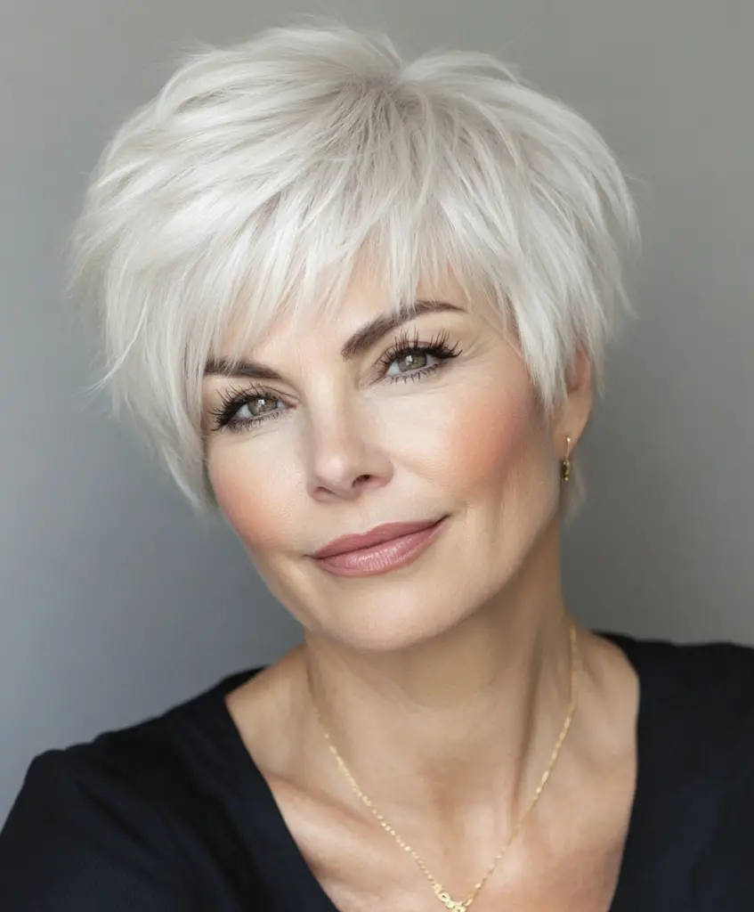 Chic voluminous pixie cut for women over 60