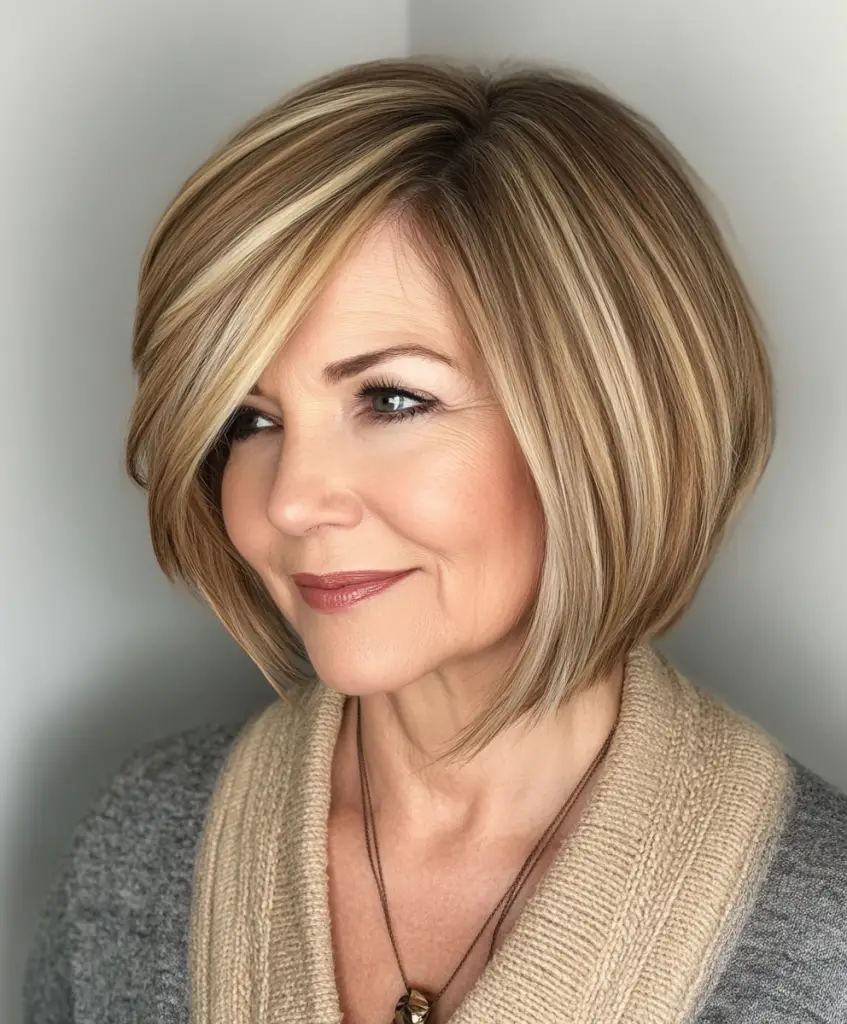 Tapered bob with layers for older women with thicker tresses