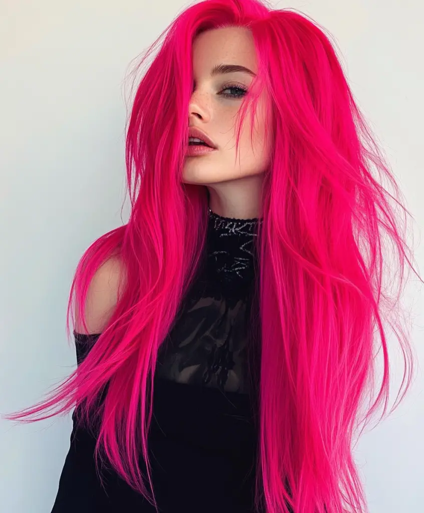 Electric neon pink on long hair 