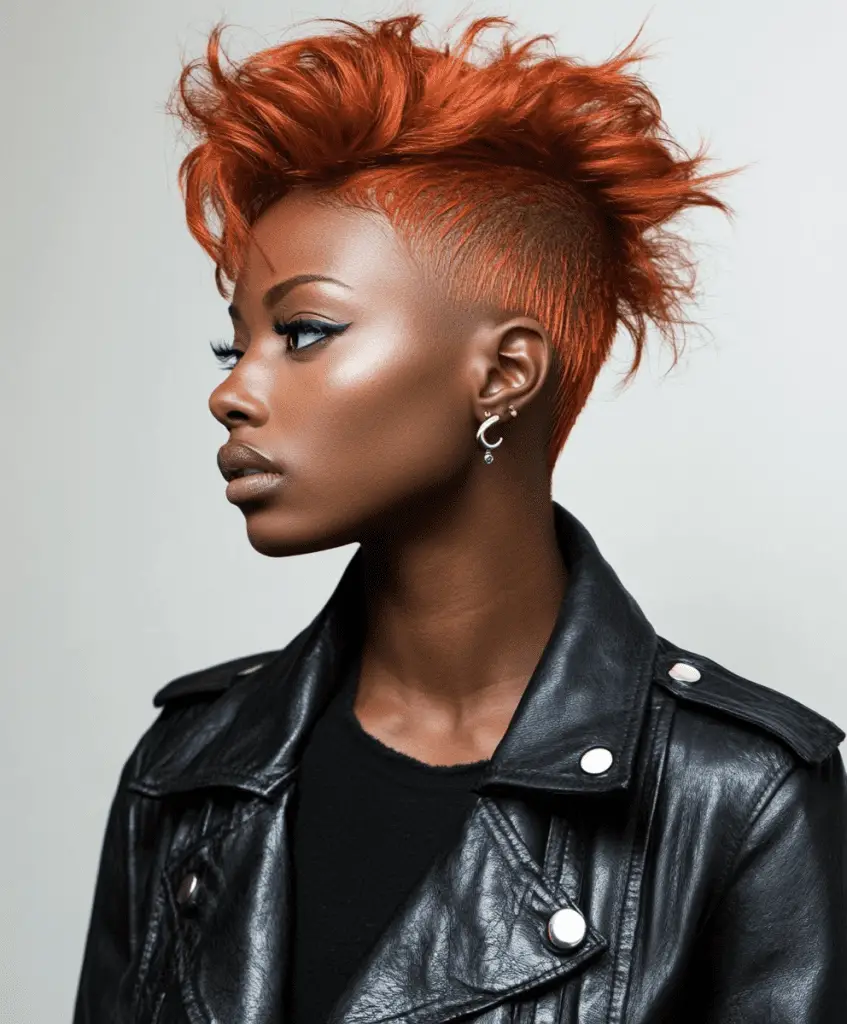 A bold Black woman with shaved sides and a strip of longer hair styled upwards in the center