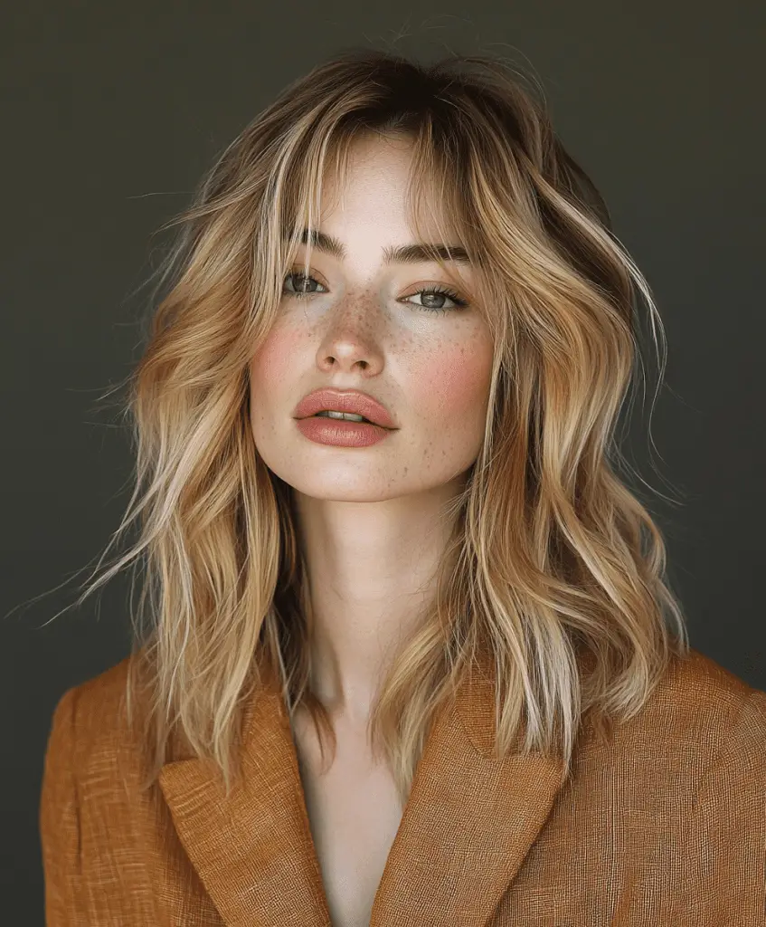 Textured lob hairstyle with feathered bangs