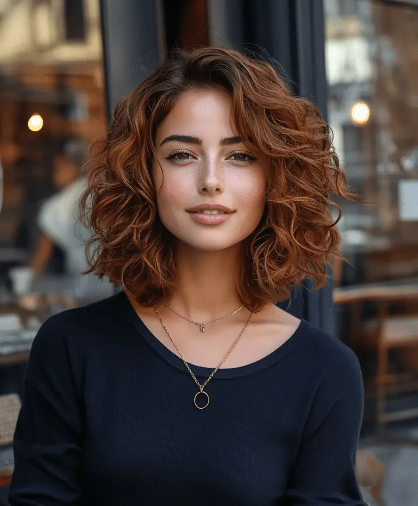 Image of a woman with a curly lob haircut