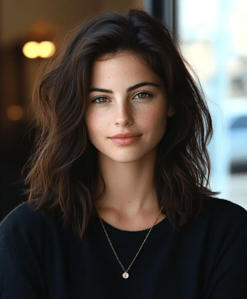 Image of a woman with a shaggy lob haircut