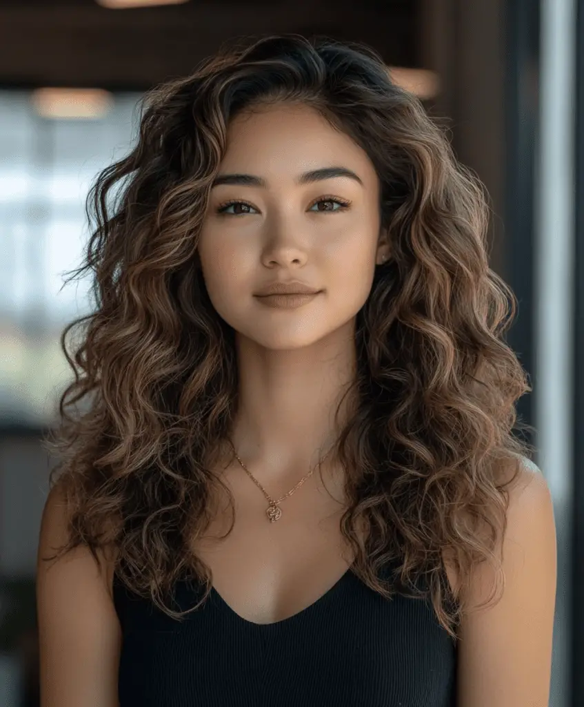 Curly medium-length hairstyle with side bangs