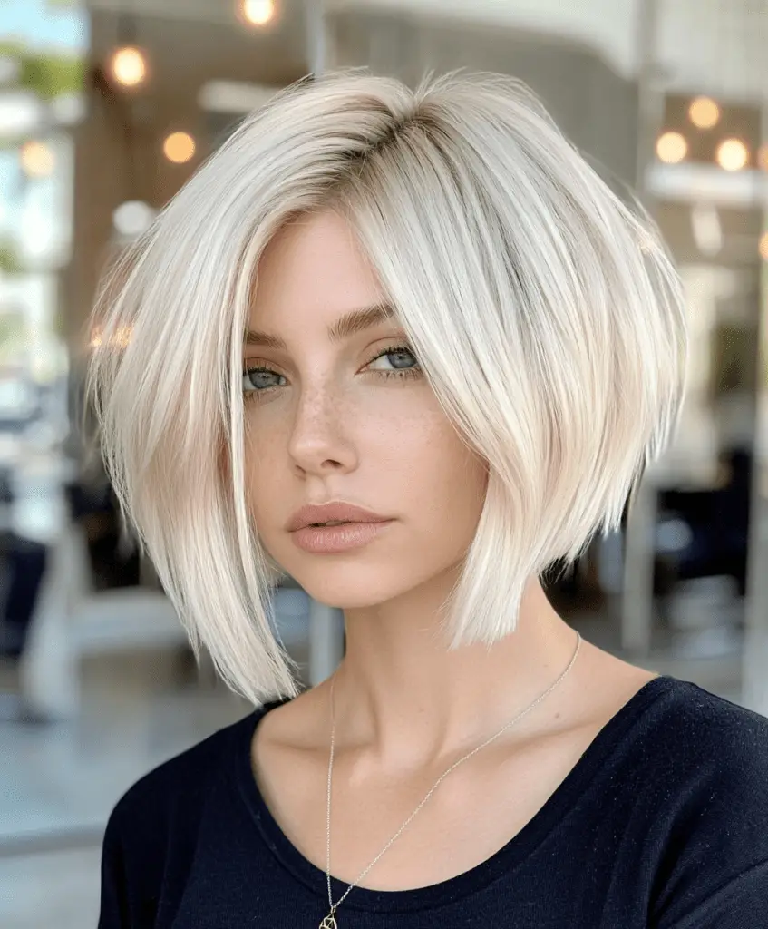 Textured platinum blonde bob with layers