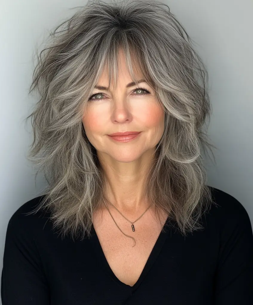 Medium-length shag hairstyle for older women