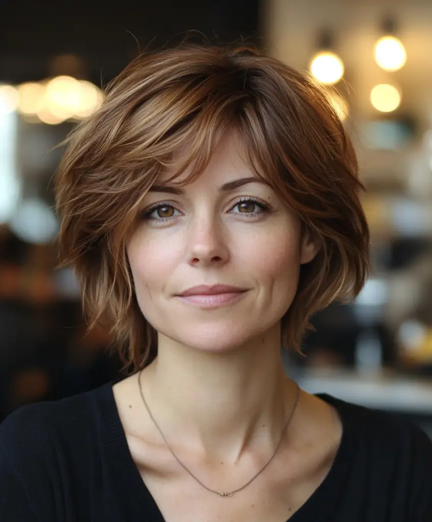 Mature woman with fine hair wearing a blunt bob cut