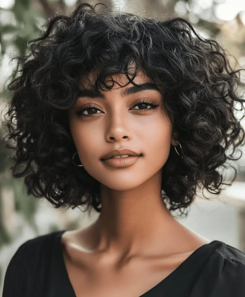 A Black woman with a chin-length bob showcasing her natural curl pattern