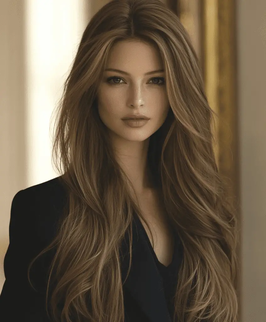 Woman with classic straight long hair in a dark brown shade, showcasing a sleek and smooth hairstyle.