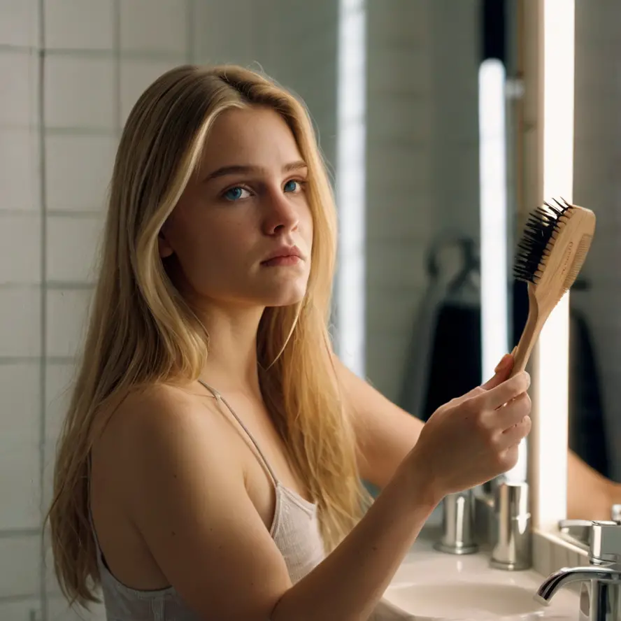 Woman brushing her long hair with a paddle brush