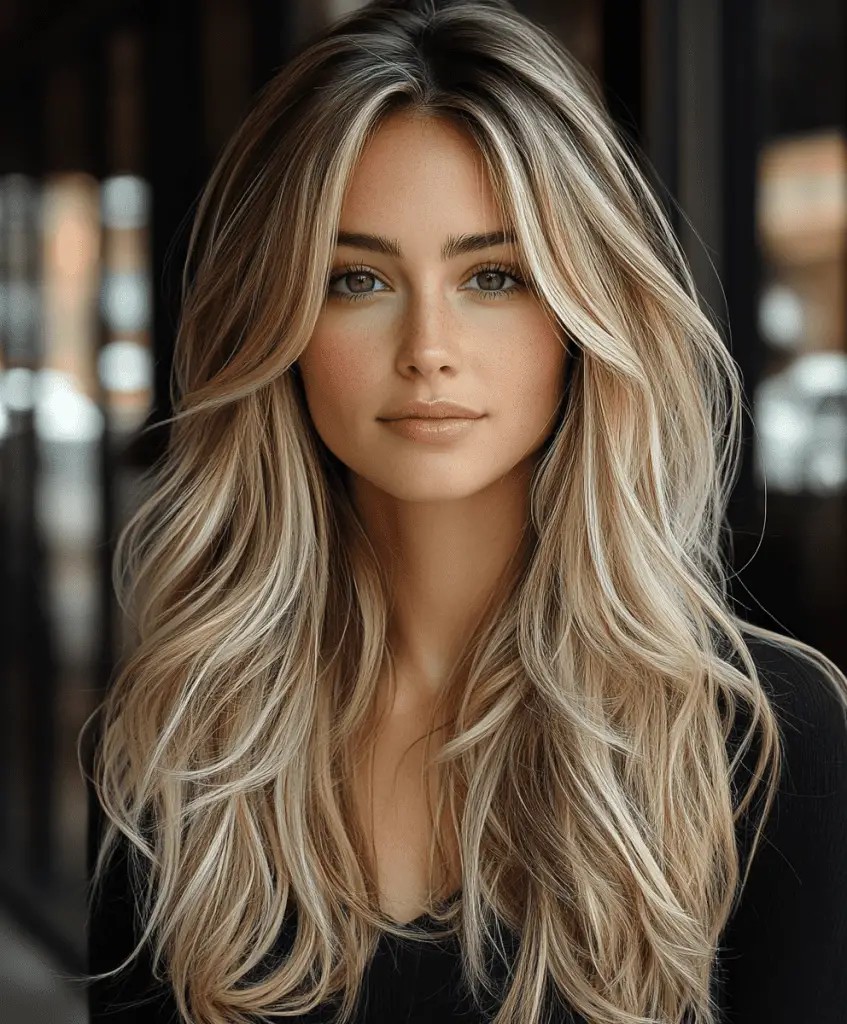 Caramel brown hair with soft blonde highlights adding a warm