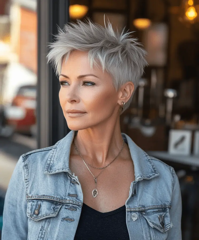 Woman over 50 with a pixie cut and bangs