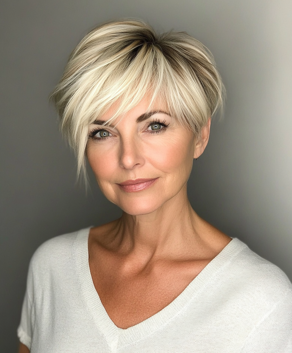 Woman with a short pixie cut and side-swept bangs, showcasing a soft and youthful look perfect for women over 50