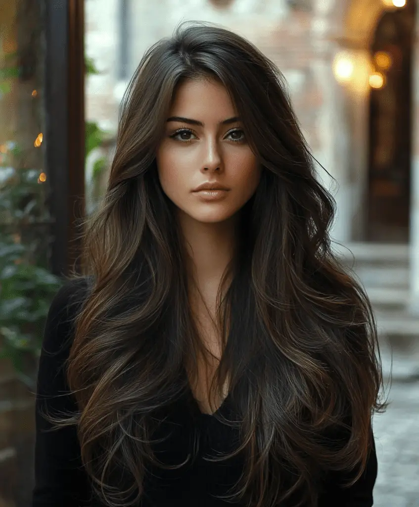 Woman with long dark brown hair and a side part, adding volume to her hairstyle