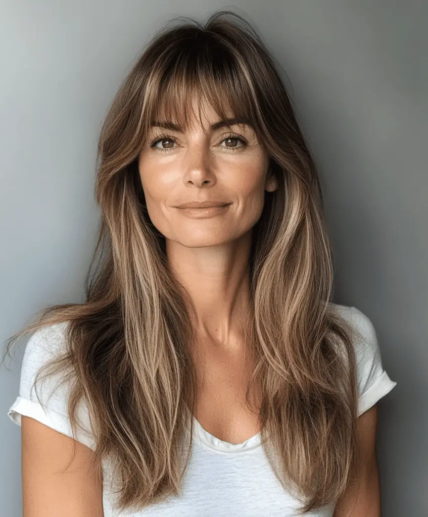 Straight hair with curtain bangs for women over 50