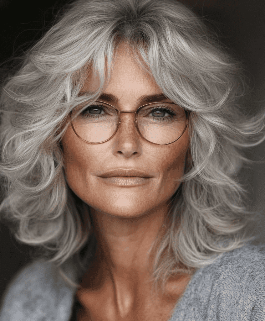 Chin-length bob hairstyle with a side part for women over 50 wearing glasses