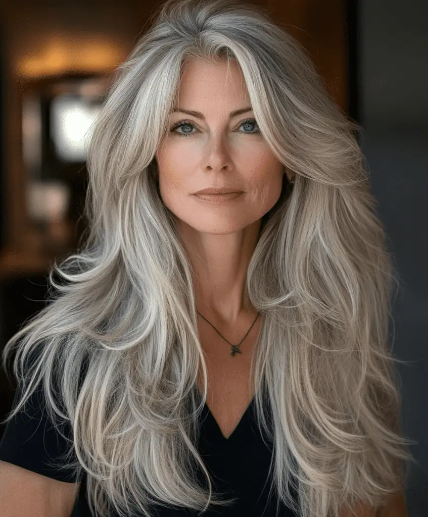 Layered long hair with highlights for women over 50