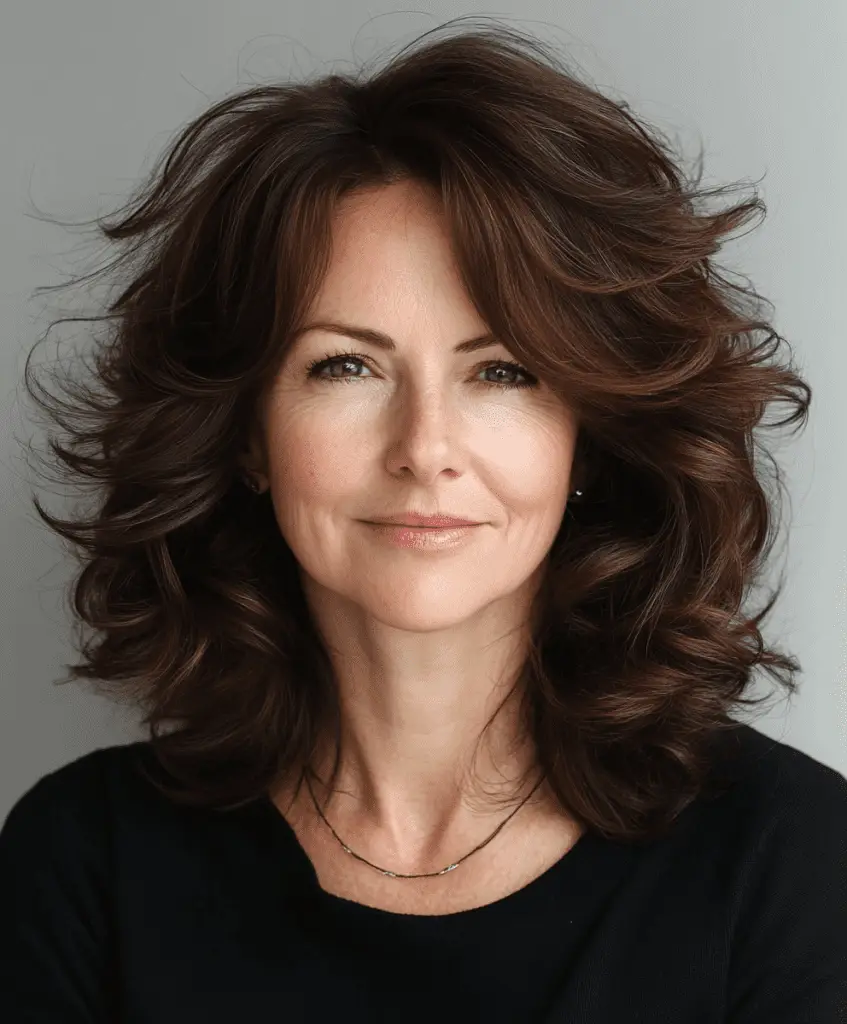 Loose curls with a middle part hairstyle for women over 50