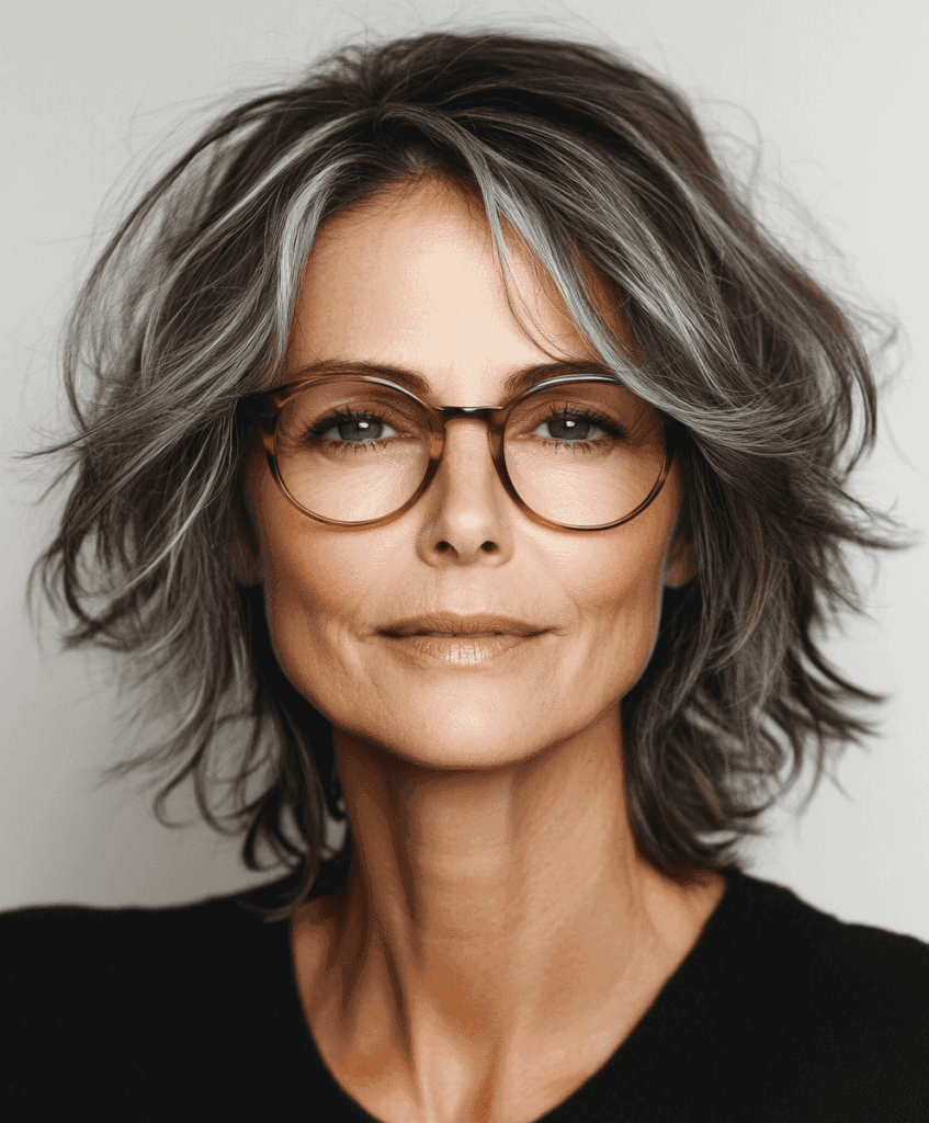 Short shaggy bob haircut for women over 50 with glasses