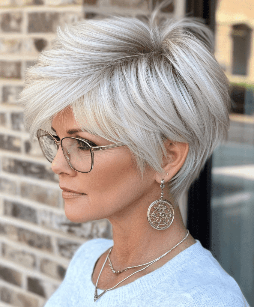 Coupe pixie volumineuse avec coupe en contre-dépouille pour les femmes de plus de 50 ans portant des lunettes