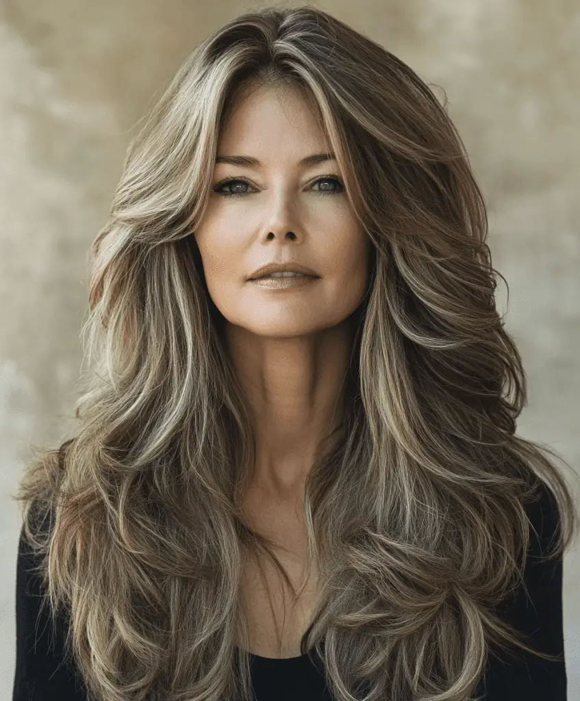 Long hair with feathered layers for women over 50