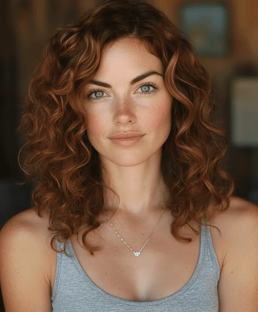 Curly medium-length hairstyle with highlights