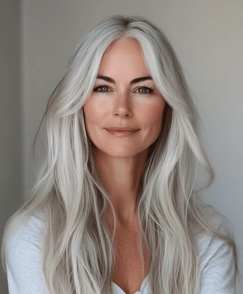 Long hairstyle with a middle part for women over 50