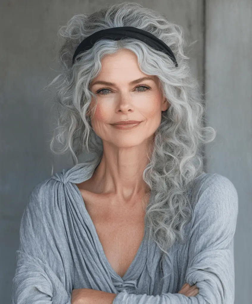 Curly hairstyle with a headband for older women