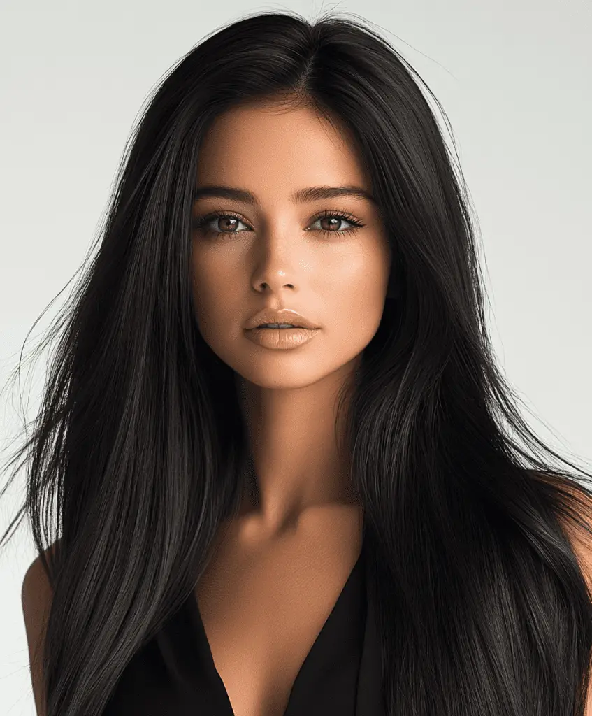 Woman with long hair featuring sleek, straight ends in a dark brown shade