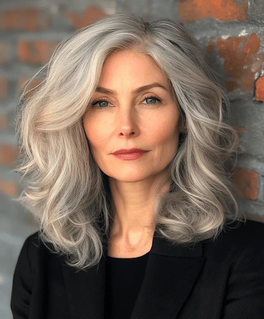 Voluminous shoulder-length hairstyle for women over 50