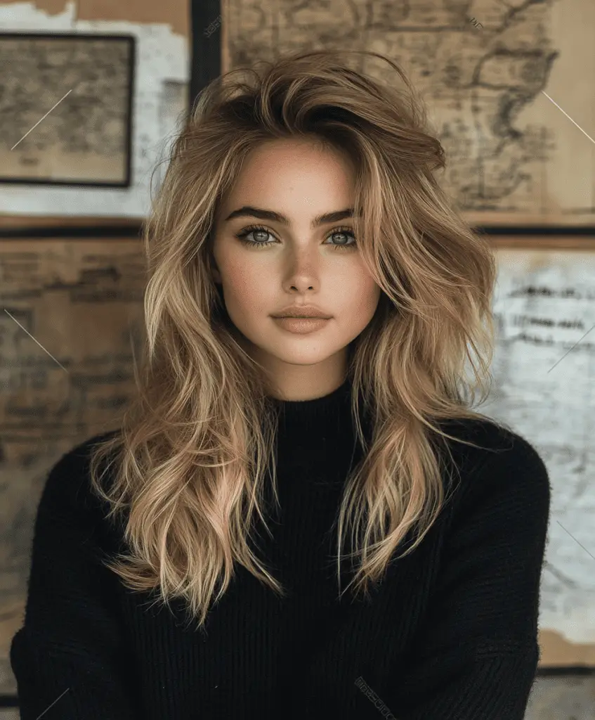 Woman with long tousled dark brown hair, creating a casual and messy hairstyle