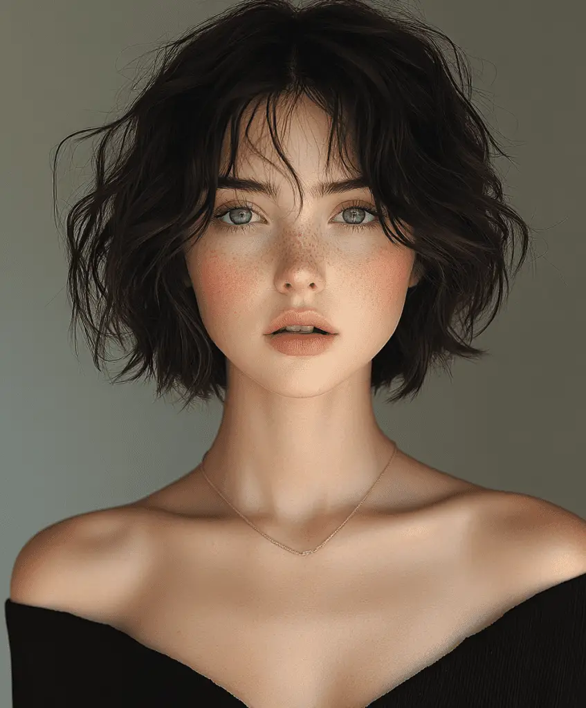 Tousled short bob hairstyle with messy waves