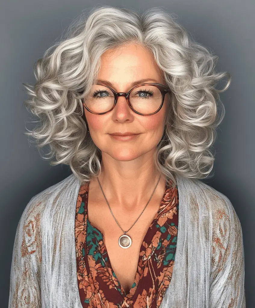 Curly hairstyle paired with glasses for older women