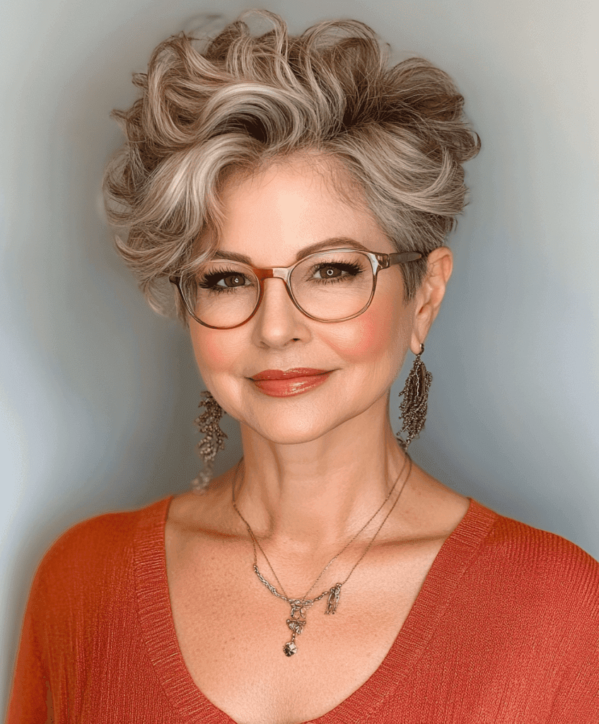 Wavy pixie cut with side-swept bangs for women over 50 wearing glasses