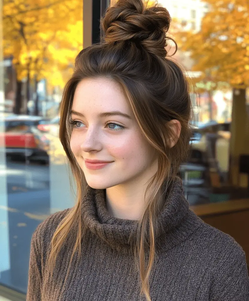 Woman with a sleek high bun, showcasing her long dark brown hair