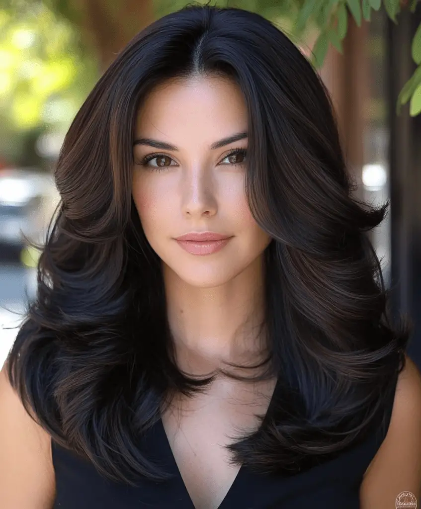 Medium-length layered haircut with dark brown hair color